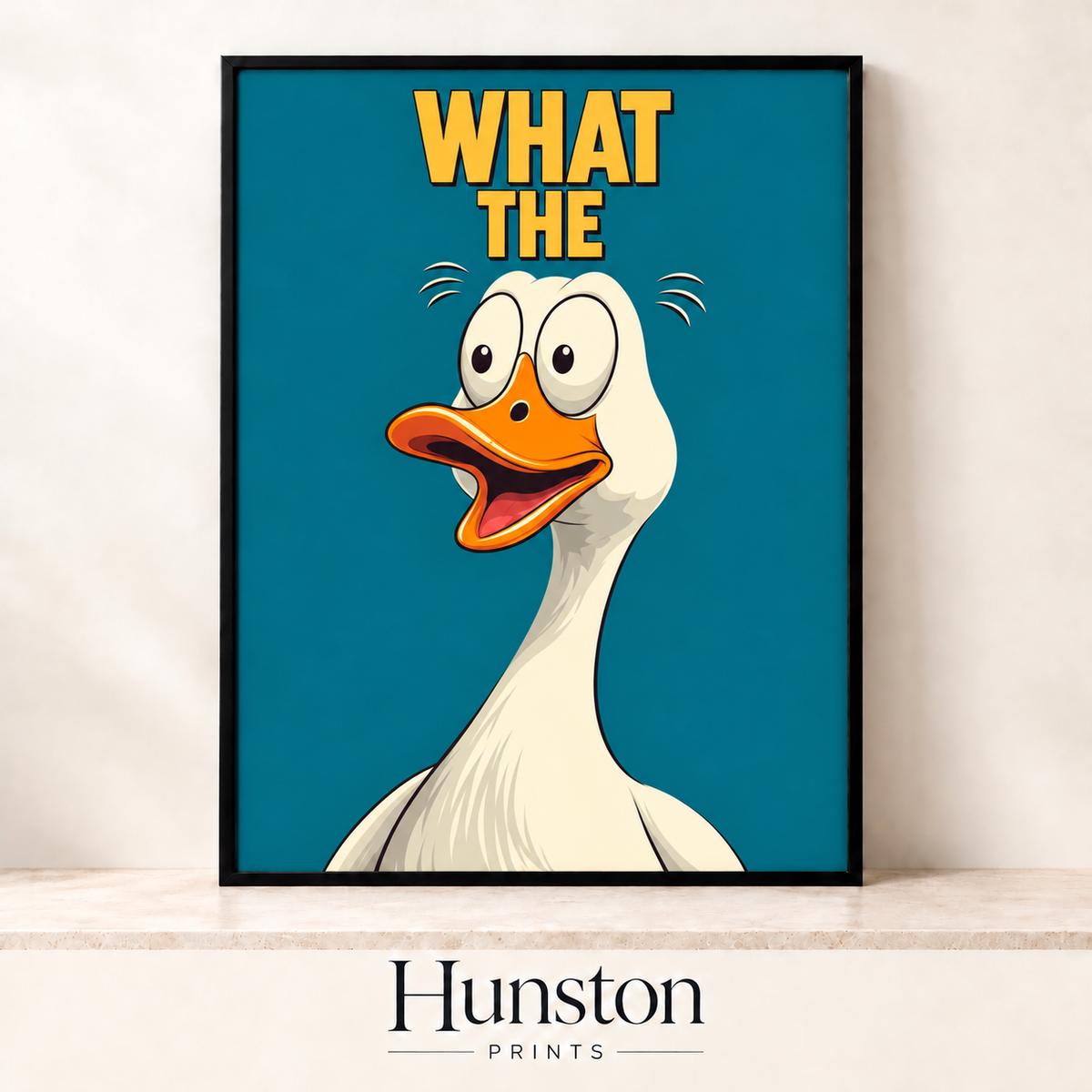 Surprised cartoon white goose under yellow WHAT THE lettering on teal