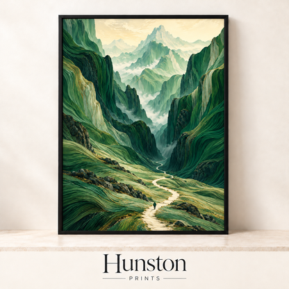 Lone walker on a winding path through swirling green mountains and misty valley