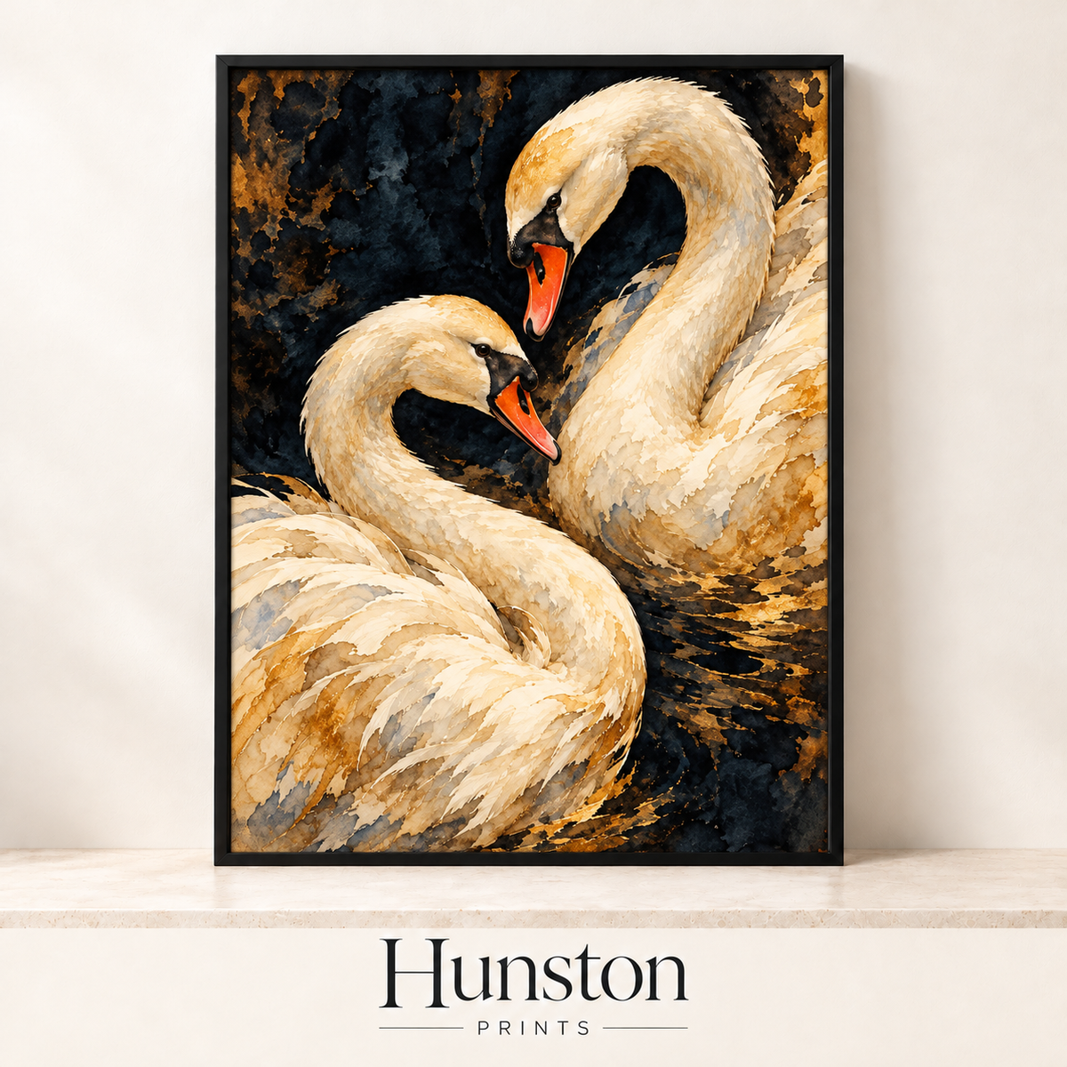 Two swans with curved necks in gold and cream watercolour on black