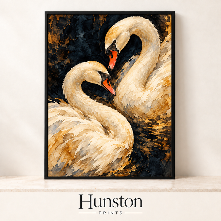 Two Swans in Gold and Black Watercolour Print