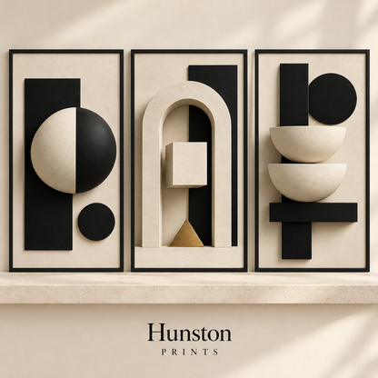 Set of three black and cream Bauhaus shape prints