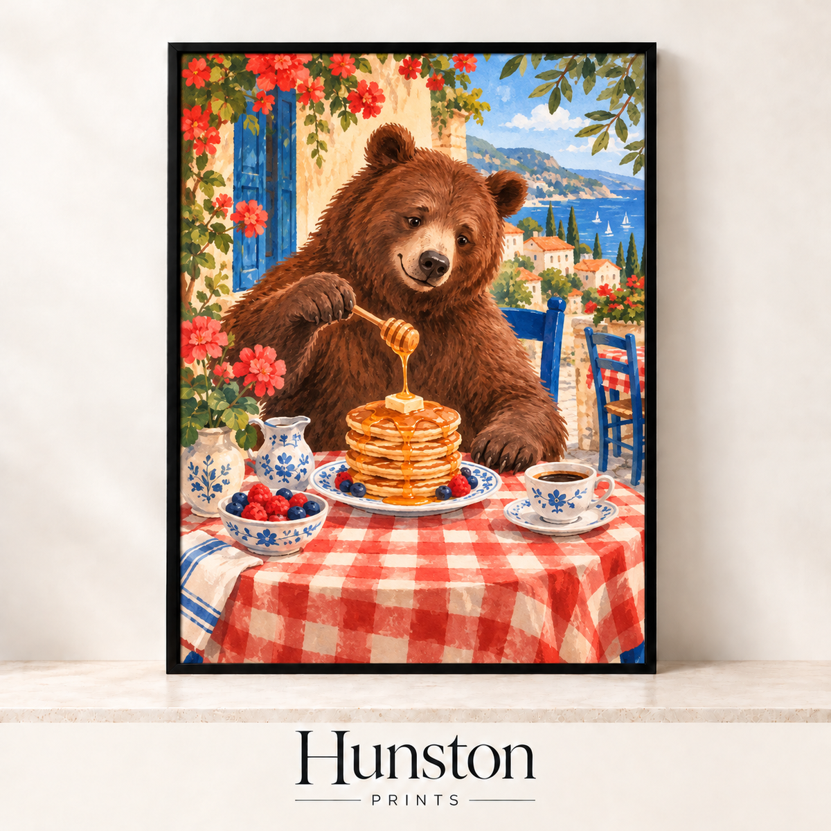 Brown bear drizzling honey on pancakes with berries at a gingham café table