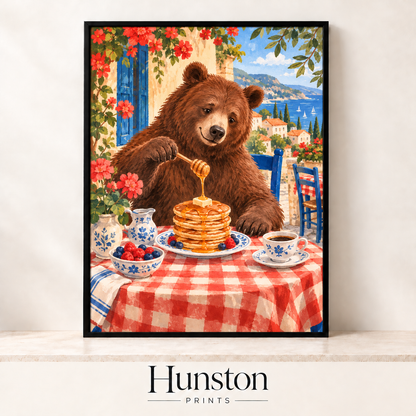 Brown bear drizzling honey on pancakes with berries at a gingham café table