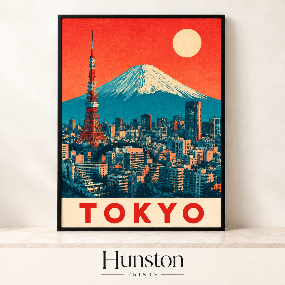Retro Tokyo travel poster with red tower, city skyline and Mount Fuji