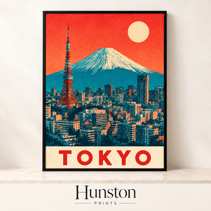Retro Tokyo travel poster with red tower, city skyline and Mount Fuji