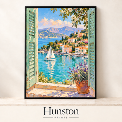 Open mint shutters overlooking a turquoise harbour with a sailboat and lavender pot