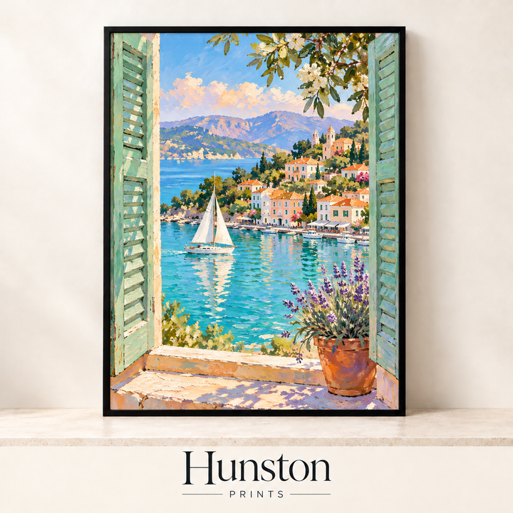 Shuttered Window Harbour View with Lavender Print