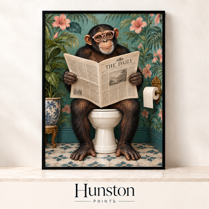 Chimpanzee in pink glasses reading The Daily newspaper on a toilet with teal floral wallpaper