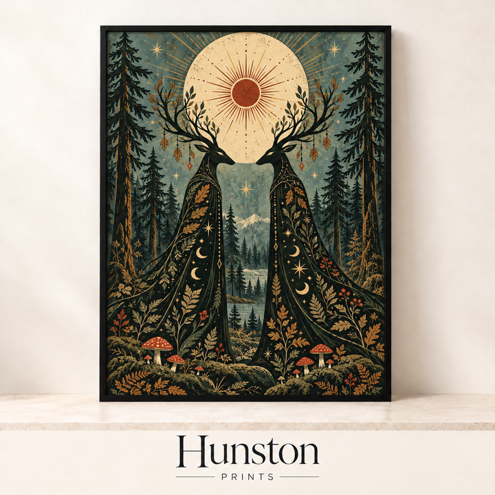 Celestial Forest Stags Folk Art Print