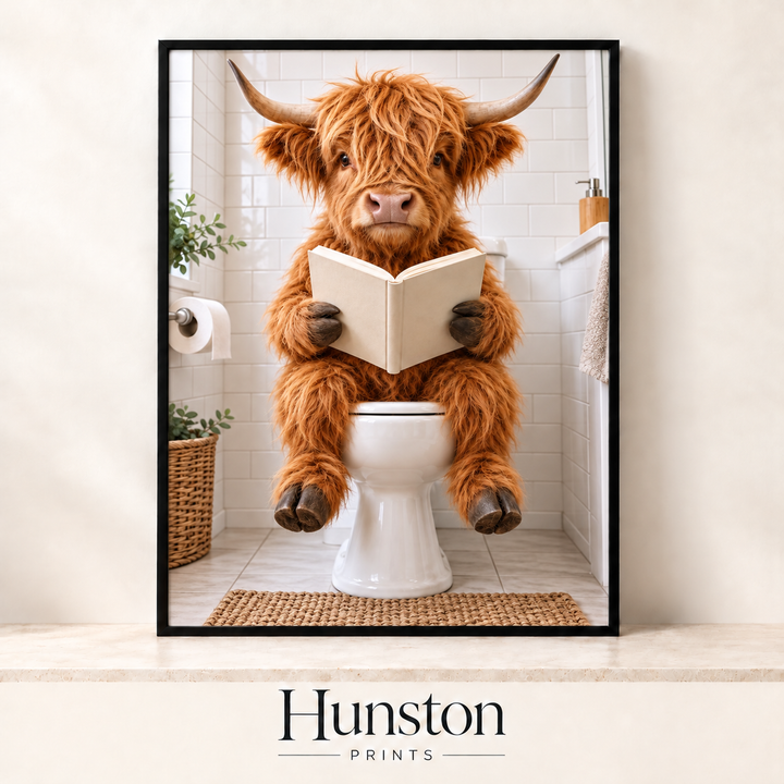 Highland Cow Reading on the Toilet Print