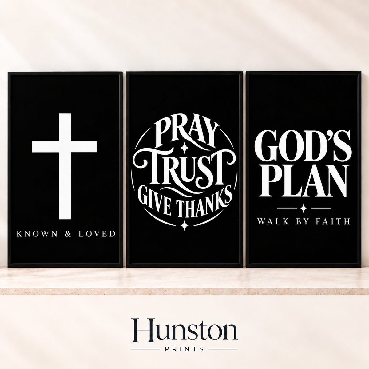 Set of three black and white faith prints: cross, Pray Trust Give Thanks, God's Plan