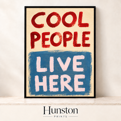 Hand-painted Cool People Live Here typography in red, blue and pink