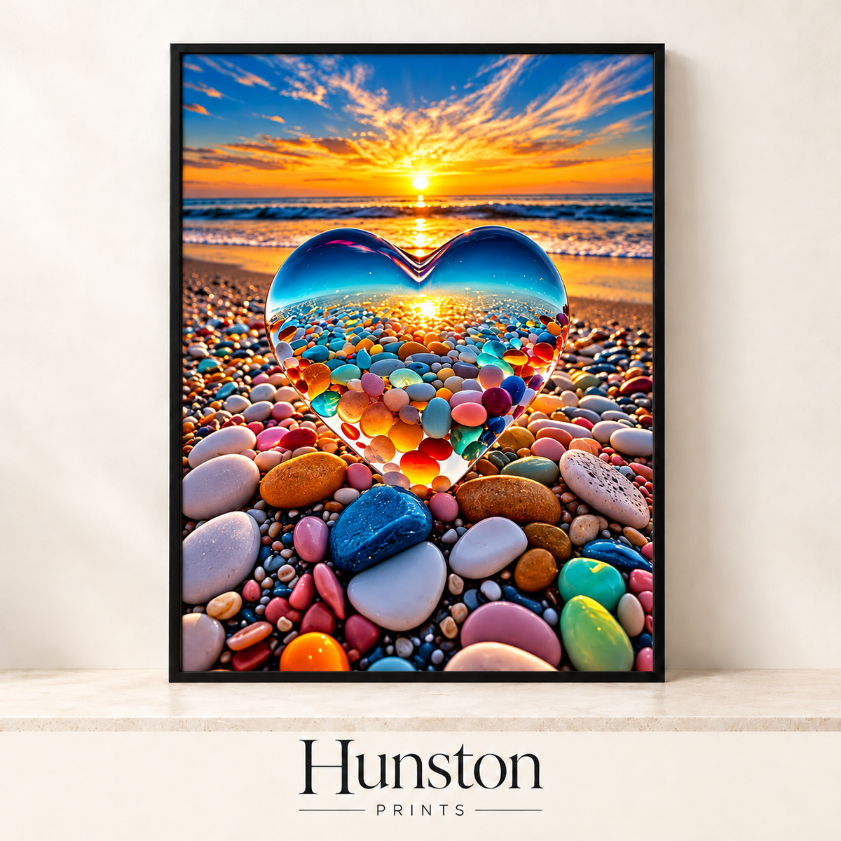 Clear glass heart filled with colourful pebbles on a beach at sunset