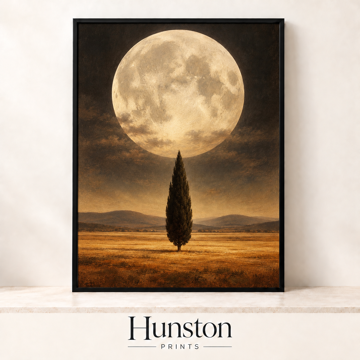 Full moon rising over a lone cypress tree in a golden field