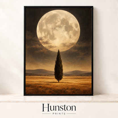 Full moon rising over a lone cypress tree in a golden field