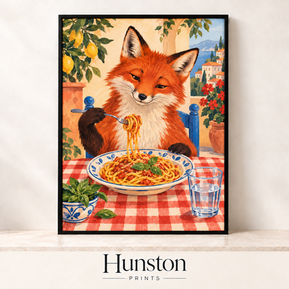 Red fox twirling spaghetti at a gingham table under lemon trees