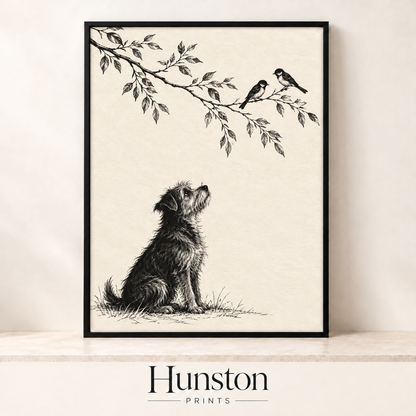 Ink sketch of a scruffy terrier looking up at two birds on a branch