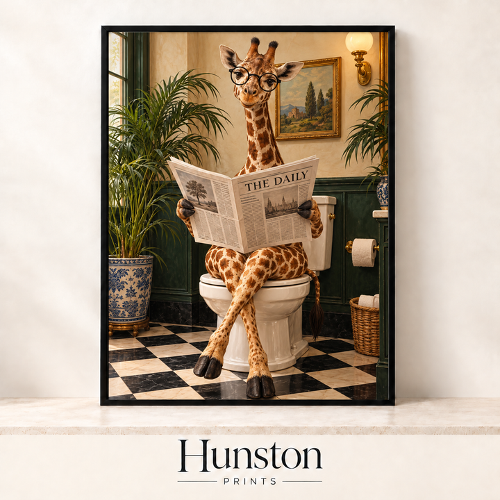 Giraffe Reading The Daily Bathroom Print