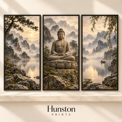 Set of three prints with a stone Buddha, misty mountains and a lake
