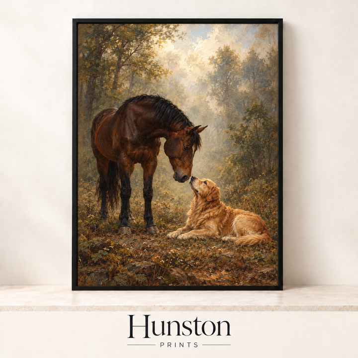 Horse and Golden Retriever Woodland Painting Print