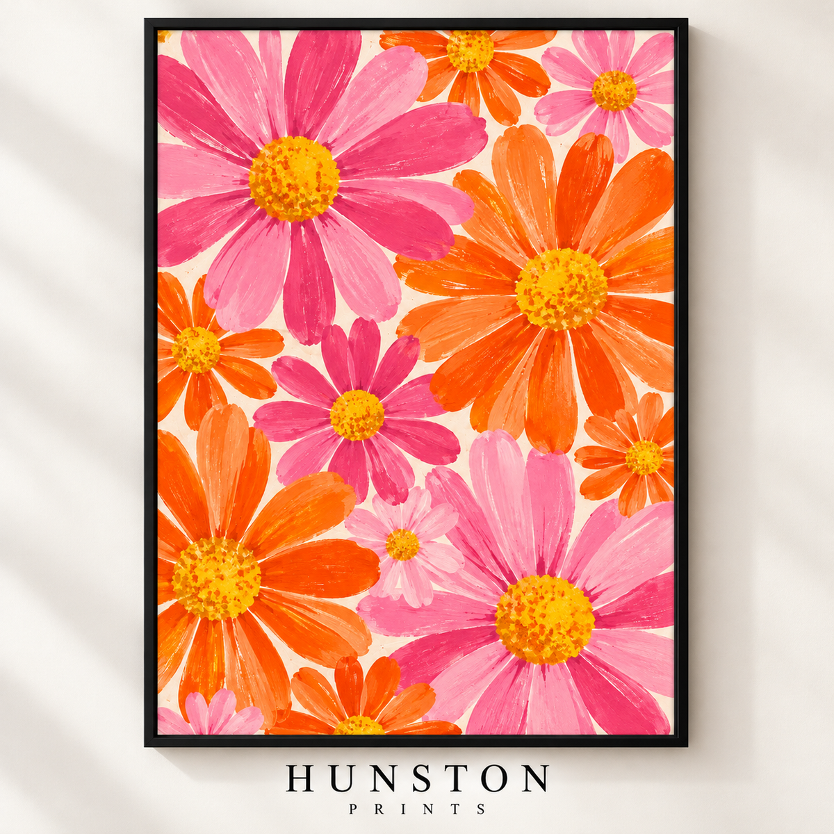 Hand-painted pink and orange daisies with yellow centres