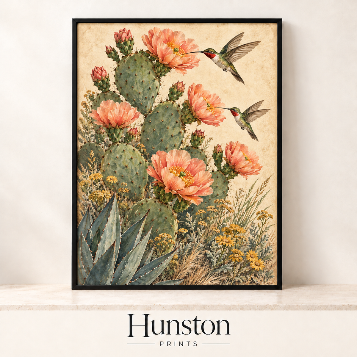 Two hummingbirds feeding on peach prickly pear cactus flowers with agave