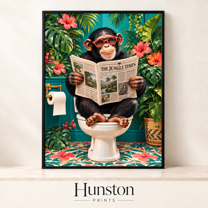 Chimpanzee in pink glasses sitting on a toilet reading The Jungle Times among tropical plants
