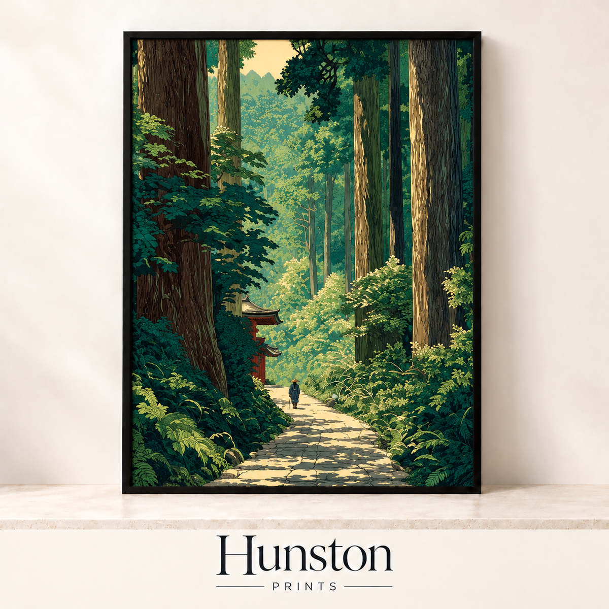 Traveller on a stone path through a cedar forest past a red shrine