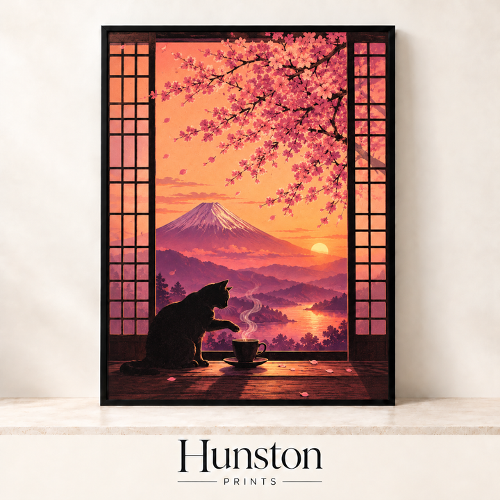 Black Cat, Mount Fuji and Cherry Blossom Print