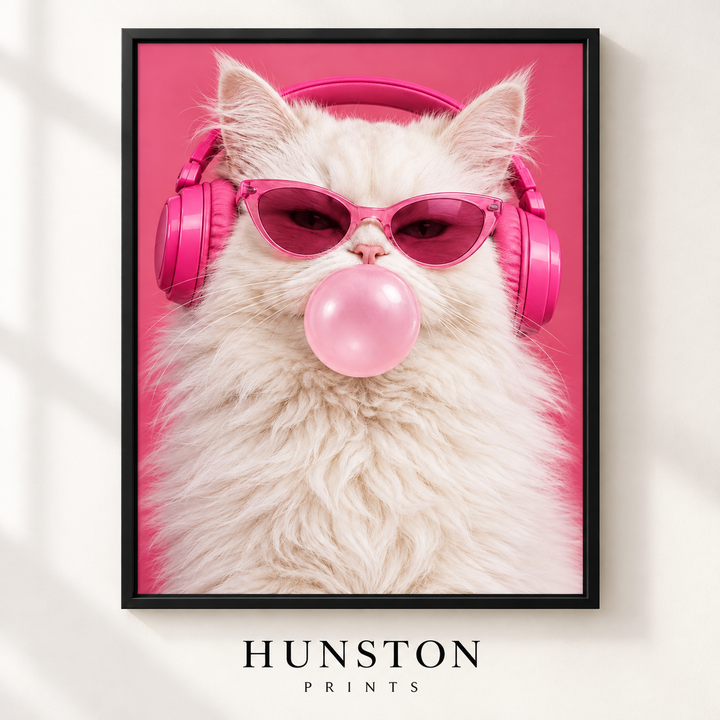 Bubblegum Cat in Pink Headphones Print