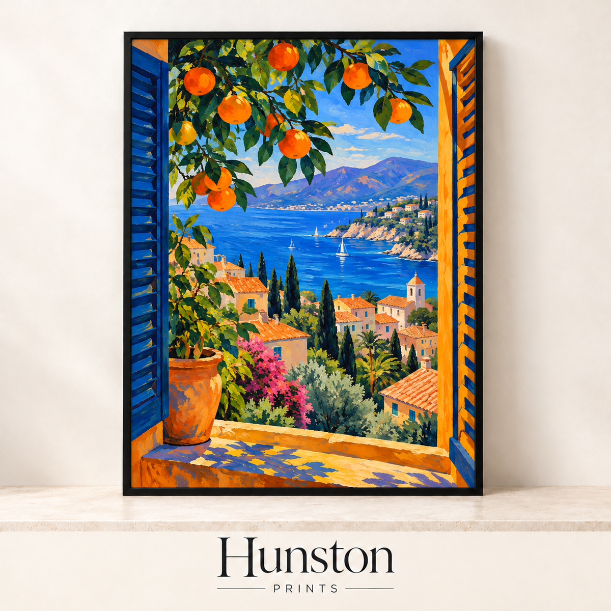 Cobalt blue shutters framing oranges, terracotta roofs and a deep blue bay