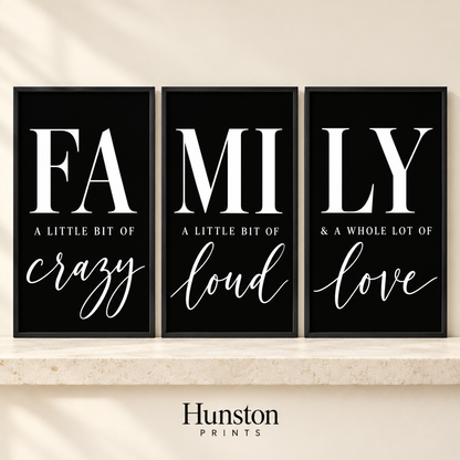 Set of three black prints spelling FAMILY with crazy, loud and love in script
