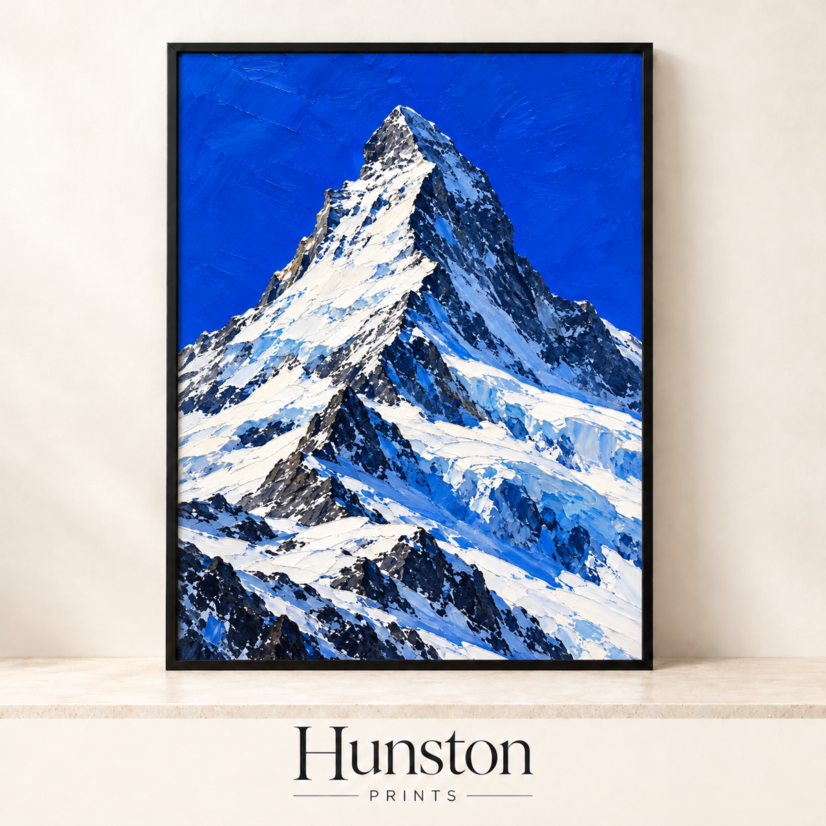 Snow-covered mountain peak painted with palette knife against a cobalt blue sky