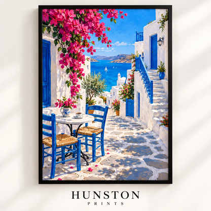 Greek island street café with blue chairs, white steps and pink bougainvillea overlooking the sea