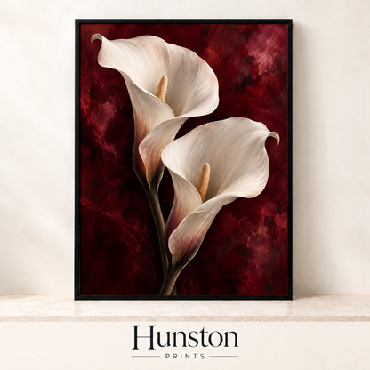 Two white calla lilies on a marbled burgundy background