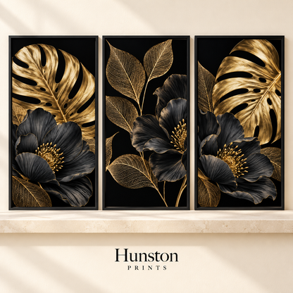 Set of three prints with gold monstera leaves and black flowers