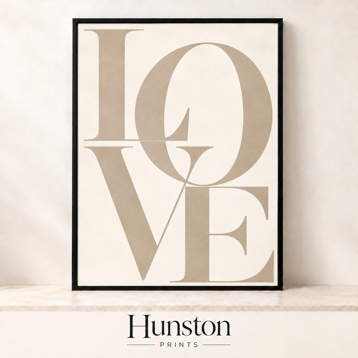 LOVE in large taupe serif letters on cream