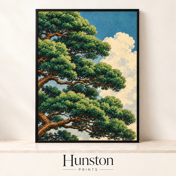 Japanese Pine Tree and Clouds Woodblock Style Print