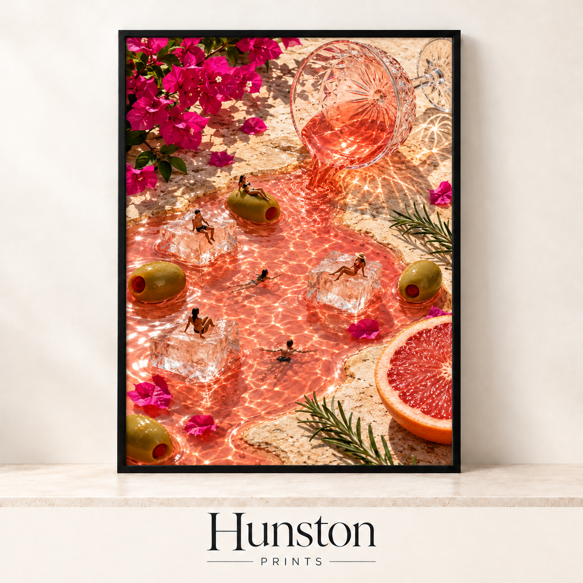 Tiny swimmers and sunbathers on ice cubes in a pool of spilled pink rosé