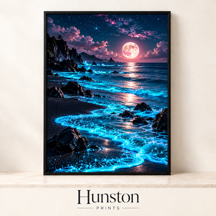 Glowing Bioluminescent Beach Under a Pink Moon Print