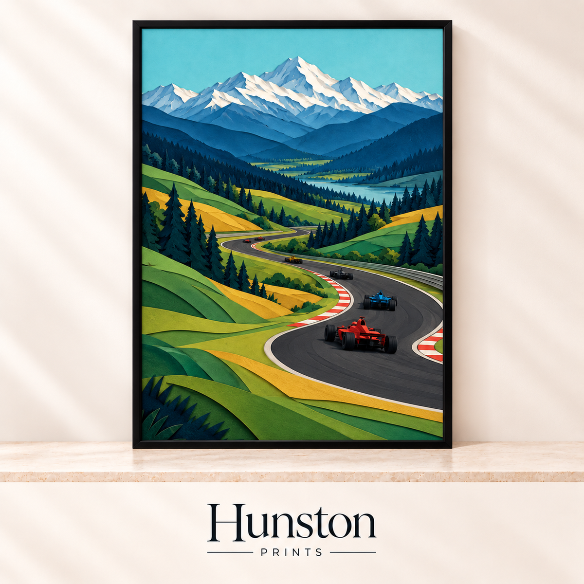 Papercut-style race cars on a winding circuit through green hills below snowy mountains