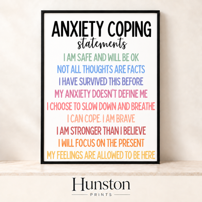 Anxiety coping statements in soft rainbow lettering on white