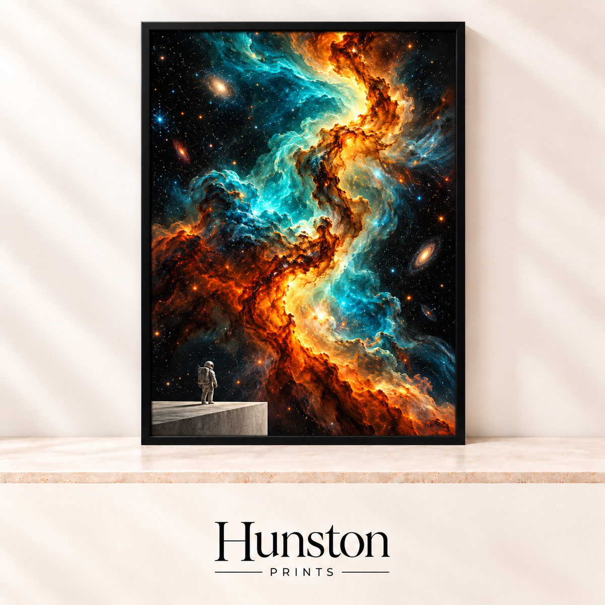 Astronaut standing on a ledge looking up at a swirling orange and turquoise nebula