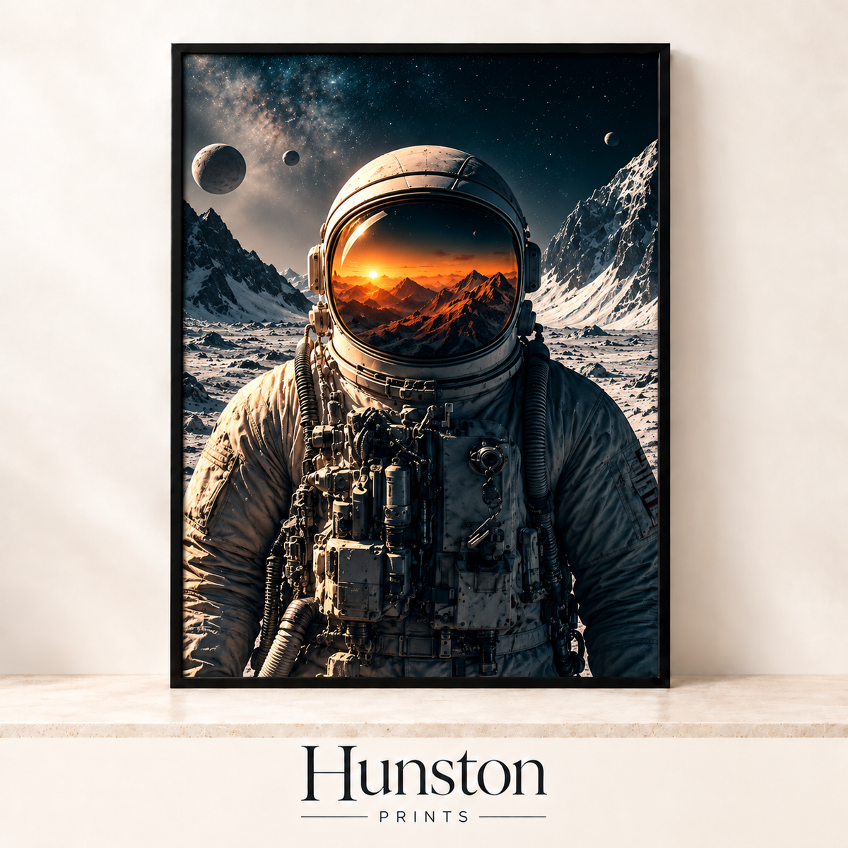 Astronaut with a sunset mountain range reflected in the helmet visor