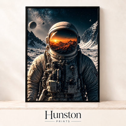Astronaut with a sunset mountain range reflected in the helmet visor