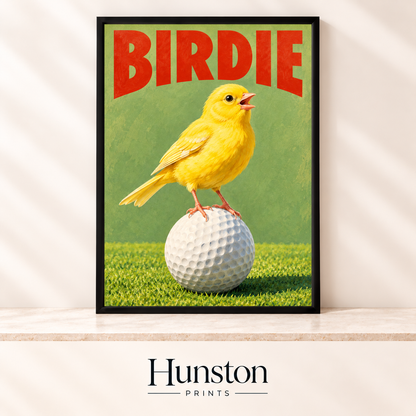 Yellow canary singing on a golf ball below the word BIRDIE on a green background