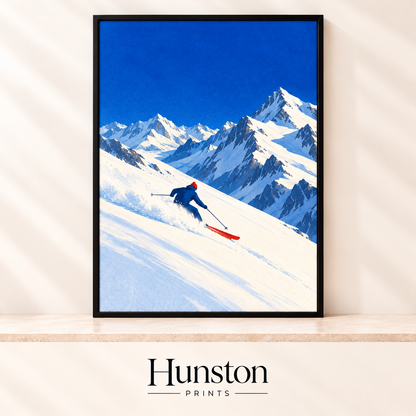 Skier with red skis carving through powder below snowy peaks and a cobalt blue sky