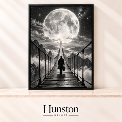 Black and white image of a man walking a rope bridge over clouds towards a giant full moon