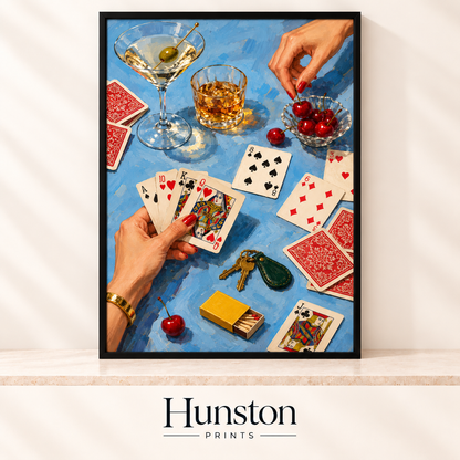 Painted card game with a royal flush, martini, whisky and cherries on a blue table