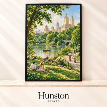 Painted summer scene of Central Park with picnics, rowing boats, cyclists and city towers
